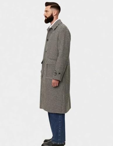 VENNYNG Men's Houndstooth Overcoat 5 Buttons Plaid Trench Coat Long Business Casual Jacket Knee Length2