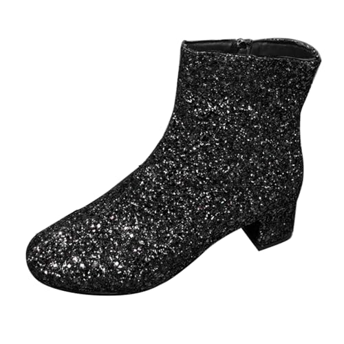 Generisch Stivaletti da donna con tacco elegante – Scarpe a spillo da donna per matrimonio lucido stivali rotondi corti moderni da donna sexy con paillettes scarpe da sposa leggere, Nero , 40