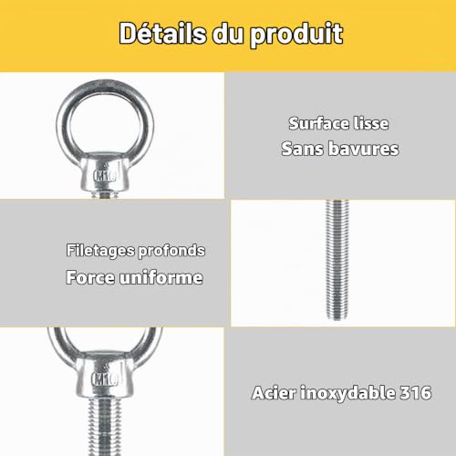 Boulons à oeil M6 x 60 mm Vis à Anneau M6 avec filetage métrique en acier inoxydable pour Fixation et Suspension, 6 pièces – vue 6