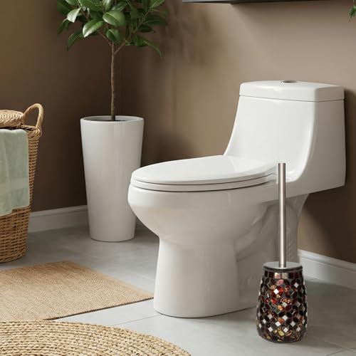 Image of Handmade Mosaic Toilet Brush and Holder Set, Decorative Brown Glass Toilet Bowl Brush with Stainless Steel Handle, Luxury Bathroom Accessories Set, Mosaic Bathroom Decor, Weighted Base