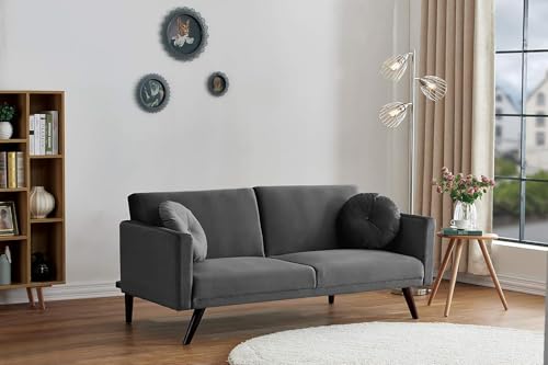 Container Furniture Direct 72 Inch Retro Convertible Futon Sofa Bed with Velvet Upholstery, Mid Century Modern 2-in-1 Sleeper Couch with Reclining Backrest, Solid Wood Frame, Grey