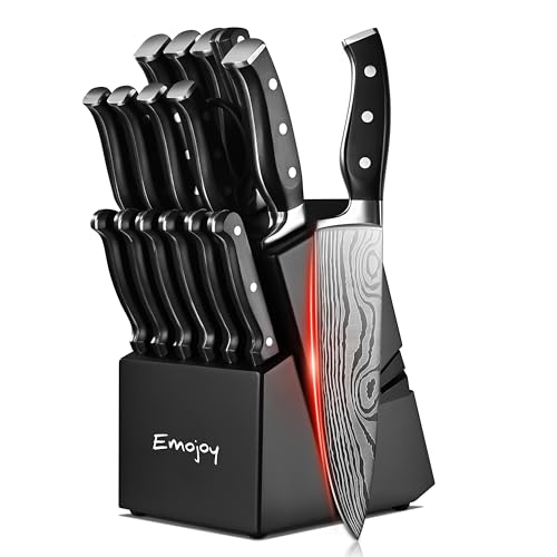 Knife Set, Emojoy 18-Piece Knife Sets for Kitchen with Block, Stainless Steel Kitchen Knives with Built-in Sharpener, Shears and Carving Fork, Black