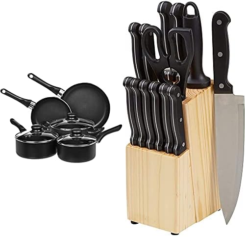 Amazon Basics Non-Stick Cookware Set, Pots and Pans - 8-Piece Set & 14-Piece Kitchen Knife Set with High-Carbon Stainless-Steel Blades and Pine Wood Block
