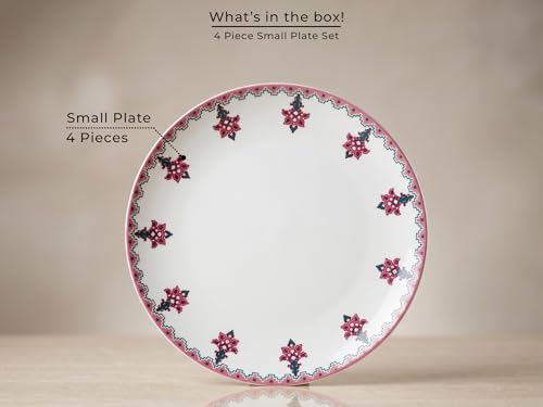Image of Bodhi House Premium Porcelain Quarter Plates Set of 4 | Pink Blossom Design | Durable, Microwave & Dishwasher Safe | Dinnerware Plates Set for Home, Dining, Kitchen & Gifting