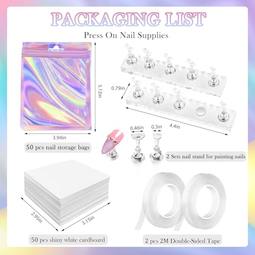 Image of 50 PCS Nails Packaging Bags with Nail Stand for Fake Nail, Holographic Press On Nail Storage Container Nail Art Kit for Diy Design, Nail Cardboards with 2 Double-sided Tape Salon Home Pink