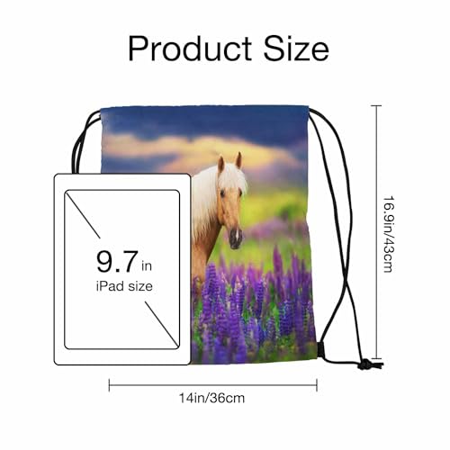 Drawstring Bag Sports Backpack Animal Horse With Long Mane In Lupine Flowers at Sunset Sutiable for Dance Sports Beach Short Travel Stroage 14x16.9 Inch2