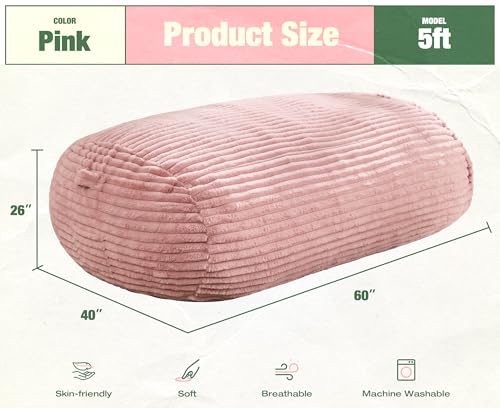 Image of Hobestluk 5FT Bean Bag Chairs Adult Bean Bag with Portable Handle Comfy Large Bean Bag Lounge Chair with Removable Cover for Living Room Bedroom (Stripe Pink, 5FT)