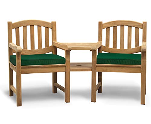 Image of Jati Kennington Teak FULLY ASSEMBLED Love Seat - Tete a Tete Companion Bench including Green Cushions Brand, Quality & Value