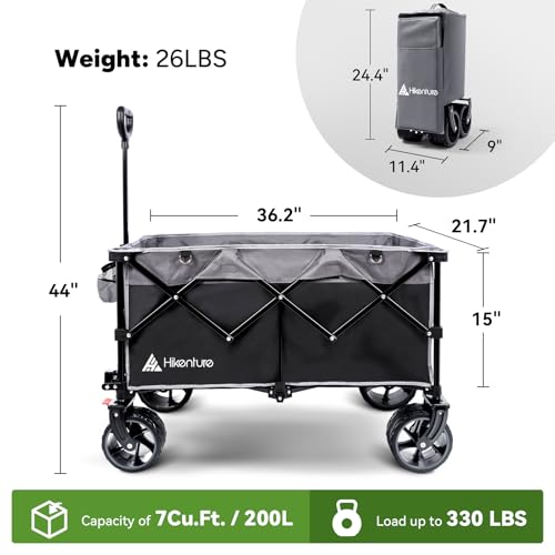 Hikenture Collapsible Wagon Cart, 330lbs Capacity Beach Wagons with Big Wheels for Sand, Heavy Duty Foldable Cart with Brakes, Portable Utility Folding Garden Cart for Outdoor - Thumbnail 7