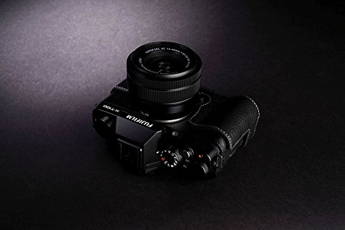 X-T100 Case, Bolinus Handmade Genuine Real Leather Half Camera Case Bag Cover For Fujifilm Fuji X-T100 Xt100 Camera Bottom Opening Version + Hand Strap -Black #TOP3