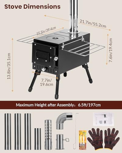 Wood Stove,YRenZ Hot Tent Stove with 7-Section Stainless Steel Chimney, HeatControl Stovepipe and Elbow Pipe, Wood Burning for Outdoor Camping and Ice Fishing