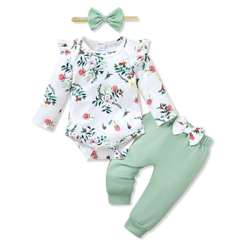 YALLET Baby Girl Clothes Newborn Infant Girl Outfits Floral Romper+Pants+Headband Fall Baby Layettes for Clothing 0-18 Months