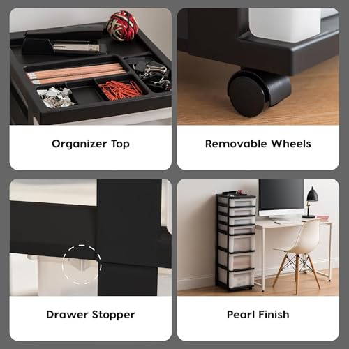 Image of IRIS USA 2 Pack 7-Drawer Plastic Storage Rolling Organizer Cart with Caster Wheels for Laundry Room, Bathroom, or Closet Dresser Storage, Black /Clear