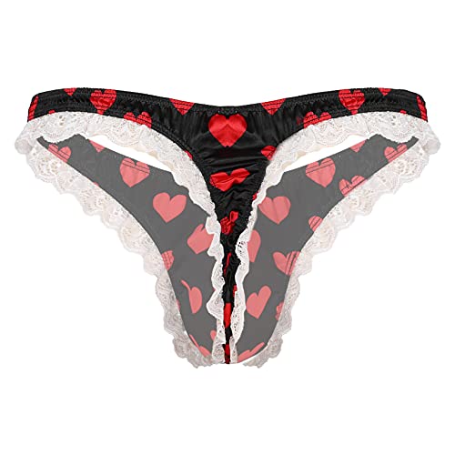 Msemis Men's Low Rise Bikini Briefs Underwear T-Back Underpants Printed Pouch G-String Thongs Black Red Heart Medium #TOP1