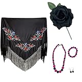 Pack accesorios flamenca mujer para feria de abril, mantón, Flor Rosa artificial con palo, bisutería perlas de plástico, traje flamenco, sevillanas (Pack Fucsia Negro Flor Negra 6pcs, Mantón 150*70)