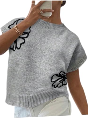 Floerns Women's Flower Floral Knit Dolman Cap Short Sleeve Crew Neck Pullover Sweaters Tops Fall Outfits Loose Fit