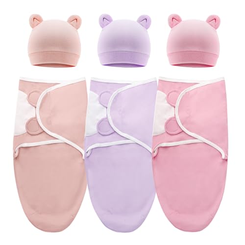 DRESHOW Ensemble de Couvertures Emmaillotables pour Nouveau-né Bonnet Emmaillotage Sac de Couchage Ajustable pour 0-3 Mois Filles et Garçons
