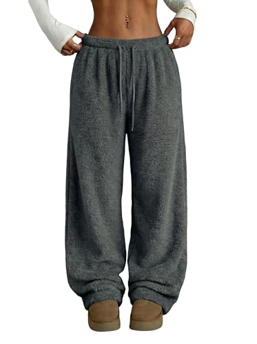 Image of ZAFUL Women's Fuzzy Plush Pajama Pants Wide Leg Pj Bottoms Lounge Pants | Soft Fluffy Sleep Pants Drawstring Elastic Waist Teddy Pjs for Women No Pockets