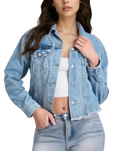 Women's Cropped Soft Denim Jacket Frayed Washed Jean Jacket with Button Up Design