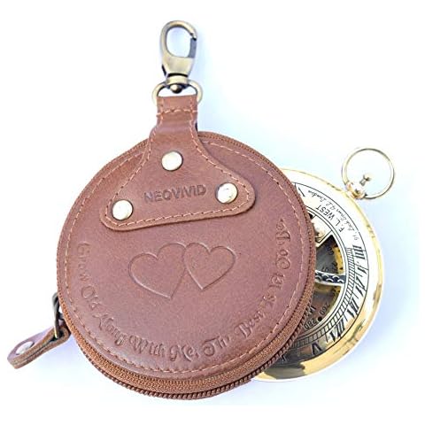 NEOVIVID Grow Old Along with Me Sundial – Sundial Compass - Sundial Clock – Anniversary Sundial Gift – Valentine’s Sundial (Brass and Leather) Cover