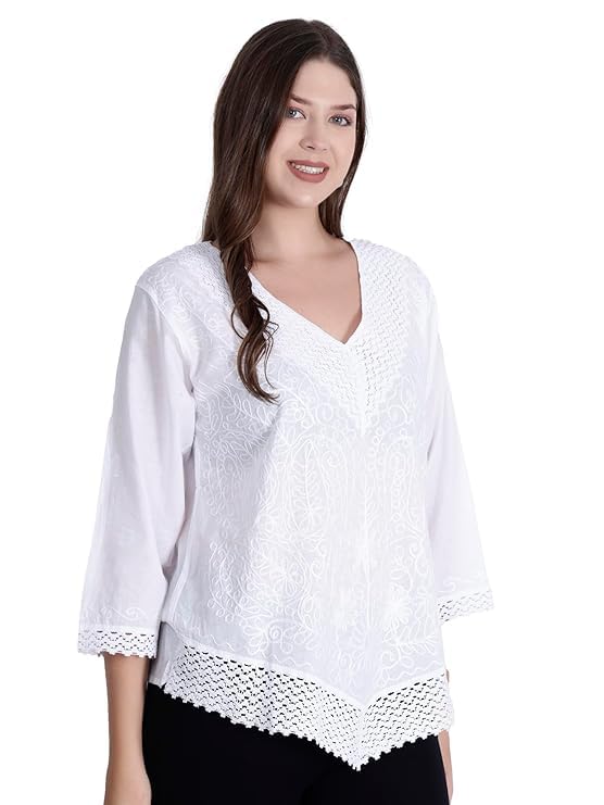 Image of Ukal Hand Embroidered Cotton Tunic, Full Sleeves, Chikan Relaxed Fit Kurti, Boho Short Ethnic Dress for Women