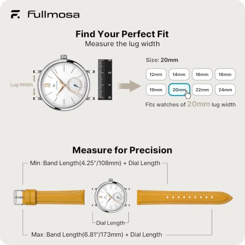 Image of Fullmosa Watch Straps 20mm, Axus Series Leather Strap Replacement Watch Strap with Stainless Steel Metal Clasp for Men Women 14 /16 /18 /20 /22 /24mm, Yellow 20mm | Strap for Garmin Vivoactive 6 /5,Venu Sq 2 /Sq,Galaxy Watch 7 /6 /5 40mm 44mm Women Men, Yellow&Silver Buckle
