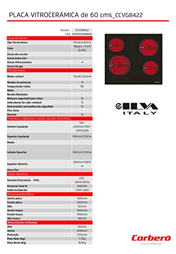 Corbero-CCVG8422-Placas-Vitroceramica-de-60-cms-4-Zonas-Potencia-6400-W-Control-Touch-Control-1-Booster-Temporizador-99-Minutos-9-Niveles-Potencia-Bloqueo-de-Seguridad-para-ninos