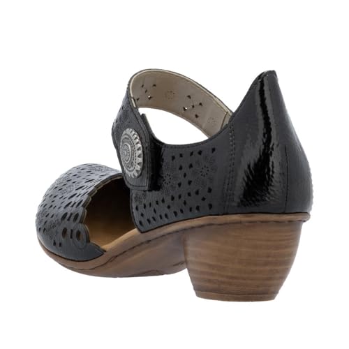 Rieker 43753 Mirjam Women's Mary Jane Heels - Low-Heel Leather Shoes with Adjustable Ankle Strap & Laser-Cut Design - Comfortable Women’s Heels for Casual & Dressy Wear Nero/Black 8.5-9 M US3