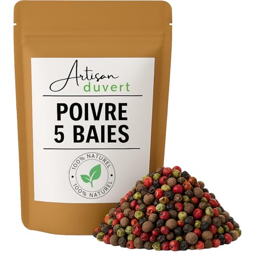 Poivre Mélange 5 Baies - Noir, Blanc, Vert, Rouge et Jamaïque - Parfait pour Moulin – Épices en Grains Premium - Sachet Refermable 100g - L’Artisan du Vert