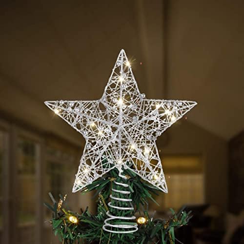 Christmas Tree Topper Star, Lighted Glitter Christmas Tree Top Star Metal Star Christmas Tree Decoration Holiday Party Decor - Silver