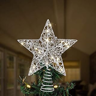 Christmas Tree Topper Star, Lighted Glitter Christmas Tree Top Star Metal Star Christmas Tree Decoration Holiday Party Decor - Silver