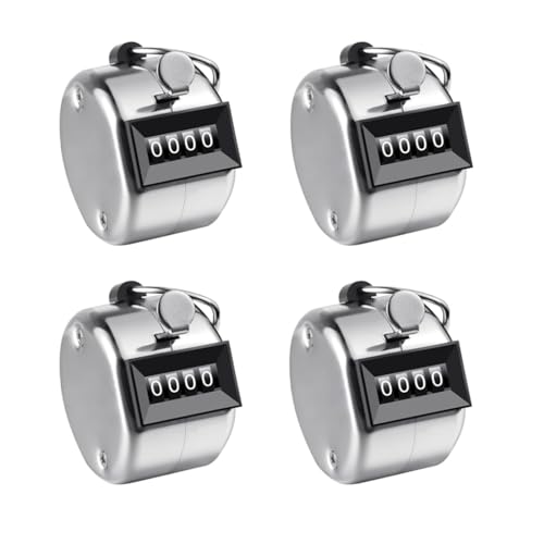 4 Metal Hand Tally Counters Clicker Set, Universal Mechanical Palm Clicker Number Scorer, Silvery Round Quantity Finger Counter from 0 to 9999, Handheld Number Click Counters for knitting Golf Scoring