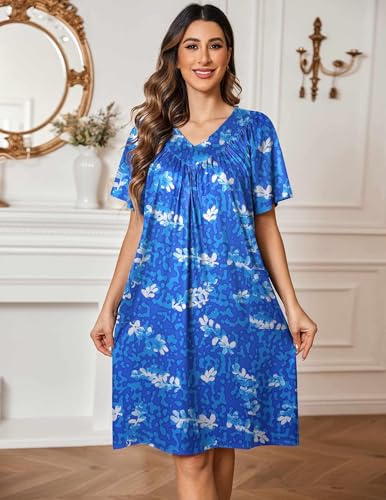 Image of Ekouaer Womens House Dress Floral Print Nightgown with Pockets Mumu Dress | V Neck Nightgowns for Women Pleated Short Sleeves Mumu Dresses Knee Length Moo Moo for Sleep, Daily Wear, Vacation, Party