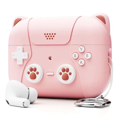 Image of Cute Cat Silicone Case Cover for Apple Airpods Pro 3 (2025), Game Console with Carabiner (Baby Pink, Cat)