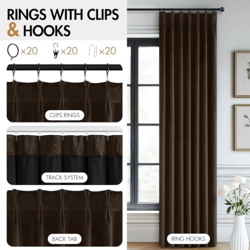 Image of MIULEE Chocolate Brown Velvet Curtains 96 inches Long, Pinch Pleated Blackout Drapes with Hooks, Thermal Insulated Pinch Pleat Panels for Bedroom Living Room, 2 Panels