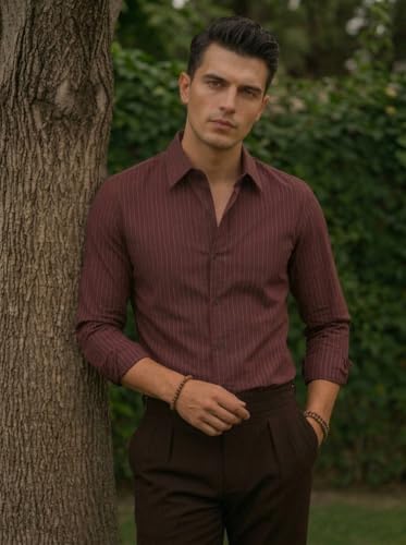 Image of Foomer Maroon Solid Self Design Opaque Party Men's Shirt
