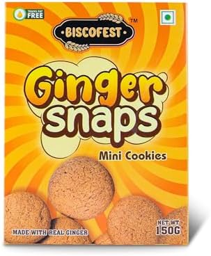 Biscofest Ginger Snap Mini Cookies 150gm | Trans Fat Free | No Preservatives | Delicious Crunchy Snacks | Made with Real Ginger & Molasses | Single Pack | 24 Cookies