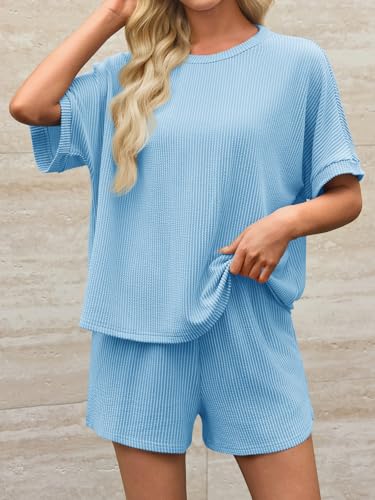 Image of Imily Bela Womens 2 Piece Outfits 2025 Oversized Summer Short Sets Casual Beach Ribbed Short Sleeve Matching Set