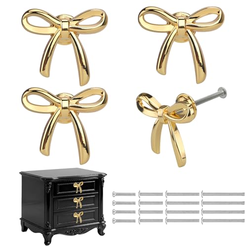 Foyofly 4 Set Gold Bow Dresser Knobs Cute Drawer Knobs Gold Decor Drawer Zinc Alloy Brushed Brass Hardware Handles Pulls Vintage Cupboard Drawer Knob for Kitchen Cabinets Home Bedroom (4, Gold)