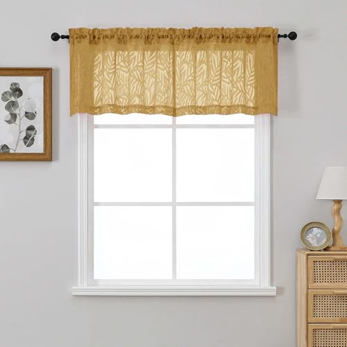 OVZME Gold Sheer Valances for Windows 18 Inch Length 2 Panels Set, Light Filtering Soft Fabric Leaf Clip Jacquard Textured Curtains for Bedroom Bathroom Basement Small Windows, 2x42Wx18L Inches