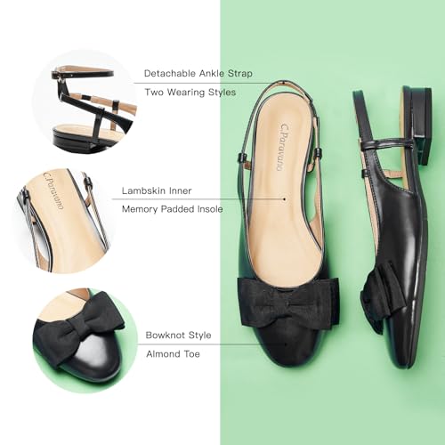 Image of C.Paravano Women's Slingback Dress Shoes | Sandals with Bows for Women| Casual Flat Shoes for Women | Almond Toe Slingback | Detachable Ankle Strap