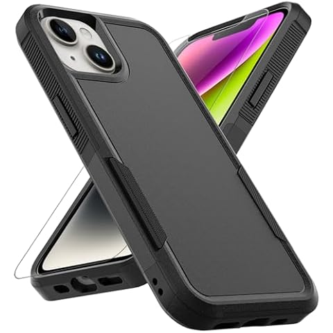 for iPhone 14 / iPhone 13 Case: Dual Layer Protective Heavy Duty Cell Phone Case Shockproof Rugged Bumper Tough with Screen Protector - 16FT Military Grade Drop Tested for iPhone 14 / iPhone 13, Black Cover