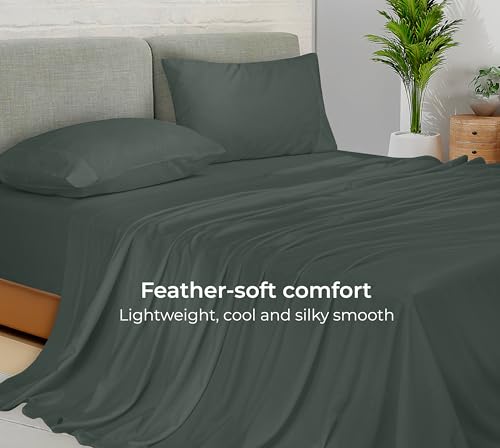 Image of Royale Linens Bamboo Viscose Queen Sheet Set - Cooling Bed Sheet Set - 1 Fitted, 1 Flat & 2 Pillowcase - Fits Up to 16 inch - Organic Viscose Derived from Bamboo - Bedding Sheet & Pillowcase (Queen, Grey)