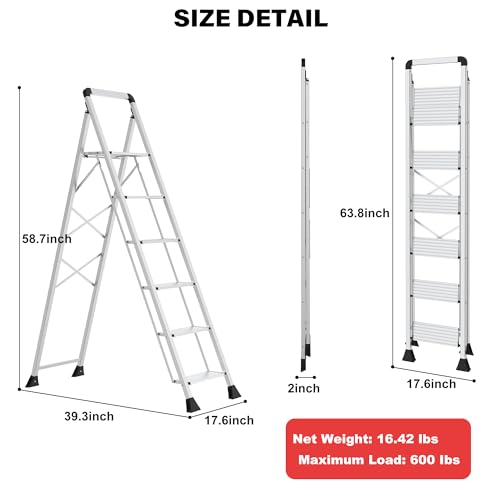 6 Step Aluminum Ladder with Wide Pedal and Handgrip, 600 lbs Capacity Heavy Duty Step Stool, Lightweight Aluminum Step Ladder, Foldable Ladder with Large Non-Slip Feet for Home, Kitchen & Garage