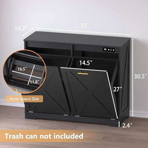 Image of BORNOON Tilt Out Trash Can Cabinet for 2 Bins, Hidden Recycle Garbage Bin Enclosure, Wooden Double Laundry Cabinet with Odor Control, Negative Ion & Ozone, for Kitchen, Bathroom, Laundry Room