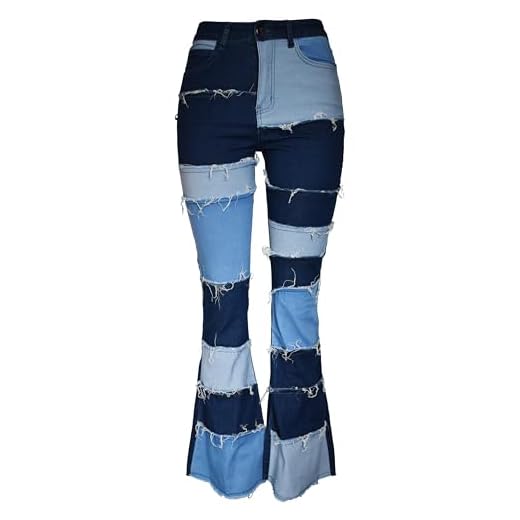 Aodrusa Women Patch Flare Jeans Bell Bottom Raw Hem Denim Pants Blue US 12
