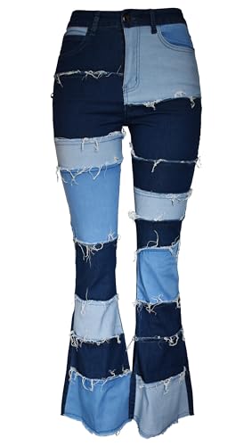 Aodrusa Women Patch Flare Jeans Bell Bottom Raw Hem Denim Pants Blue US 4-6