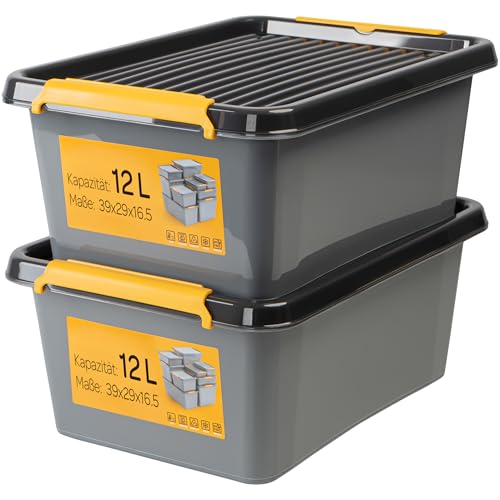 KONZEPT 2 cajas de almacenamiento con tapa de 12 l – Incluye etiquetas para escribir, de plástico de alta calidad, apilables y resistentes clips de cierre, ideal para sótano, taller, garaje