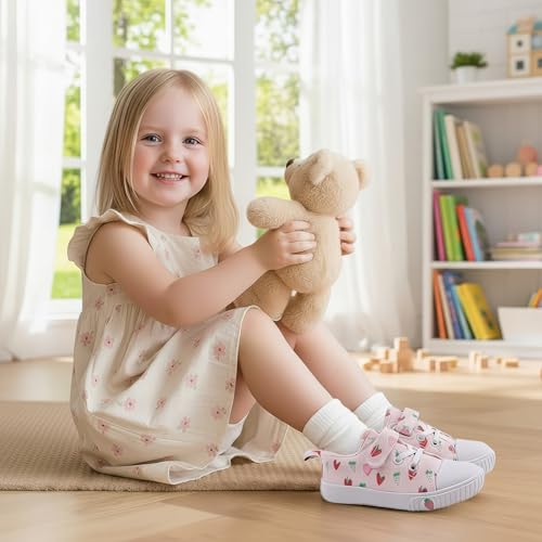 waddle wonder Strawberry Print Toddler Shoes for Girls, Canvas Casual Baby Sneakers, Non-Slip Rubber Sole, Educational Left-Right Design Pink Size 6-102