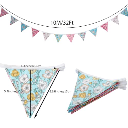 Image of Zwiebeco 32Ft Pink White Blue Fabric Floral Pennant Banner Bunting Cotton Flower Triangle Flags Party Decorations for Birthday Wedding Engagement Bridal Baby Shower Rustic Village Home Garden Decor